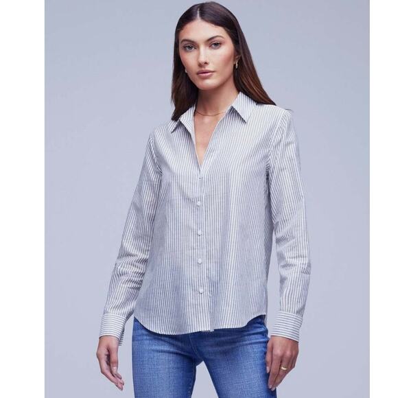 L'AGENCE Laurent Metallic Button Up Blouse Ivory‎ Blue Gold Stripes Womens Sz XS - Picture 1 of 12